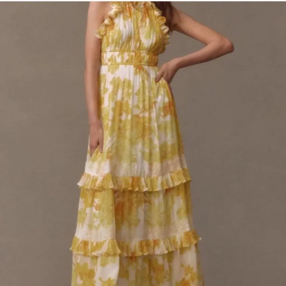 BHLDN Ava Chiffon Yellow Floral High-Neck Ruffled Maxi Dress - NWT! - Picture 1 of 10